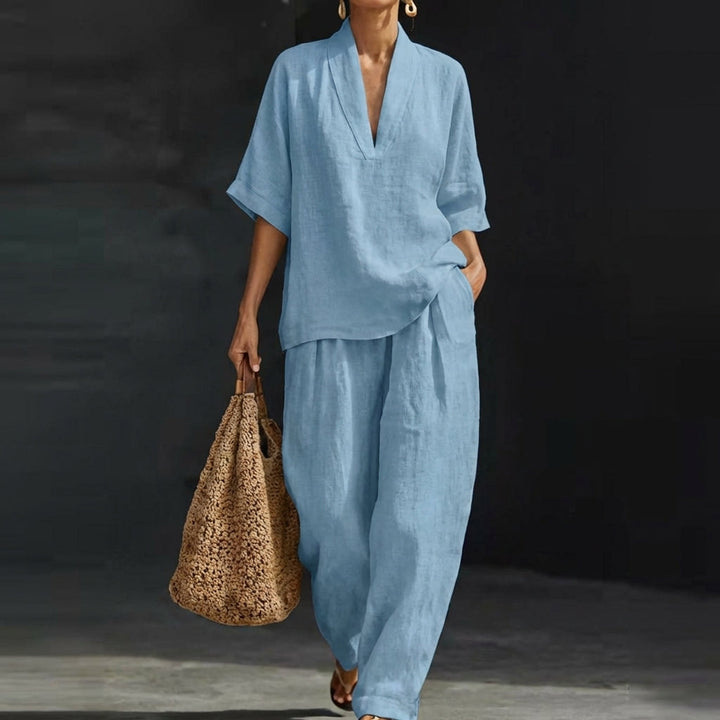 Ensemble Décontracté Fluide à Col V et Pantalon Ample pour Femme