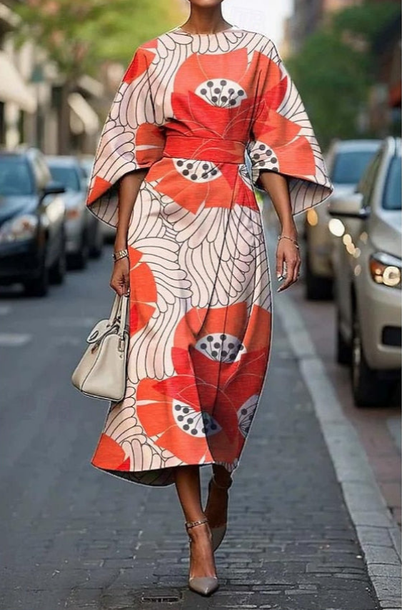Robe midi kimono ceinturée femme