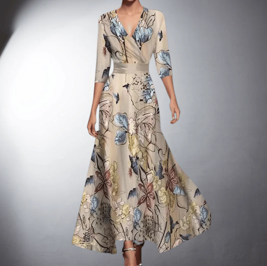 Robe Longue Femme Fleurie Cache-Cœur à Taille Ceinturée