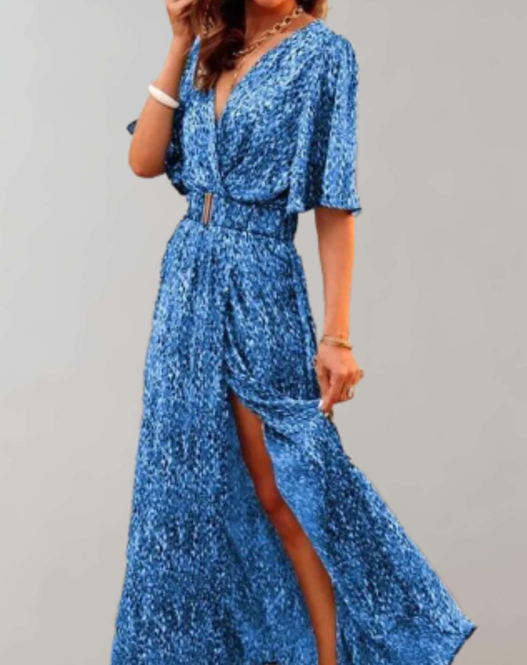 Elegantní maxi zavinovací šaty s krátkými rukávy a rozparkem pro ženy