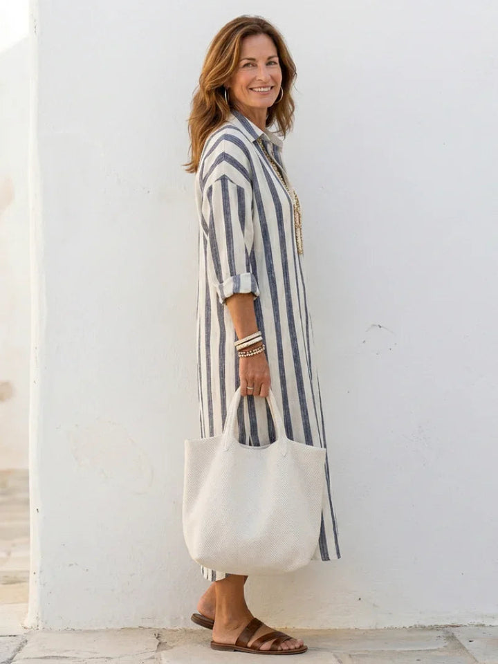 Vestito camicia midi a righe da donna con maniche lunghe