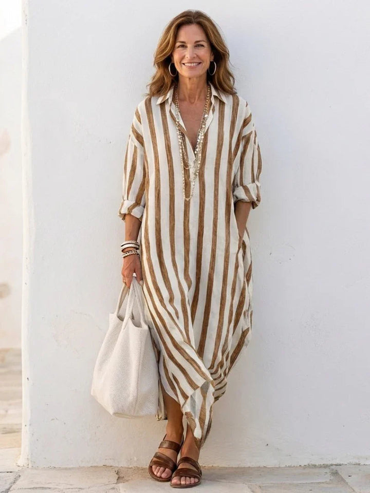 Vestito camicia midi a righe da donna con maniche lunghe