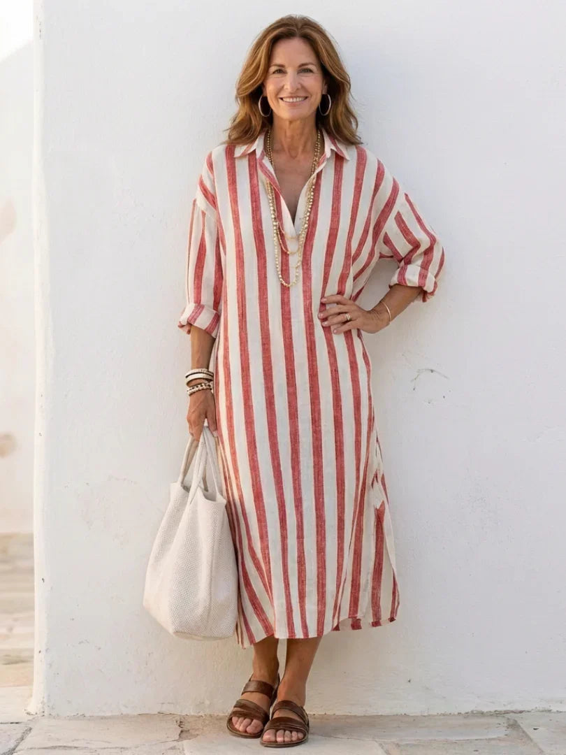 Vestito camicia midi a righe da donna con maniche lunghe