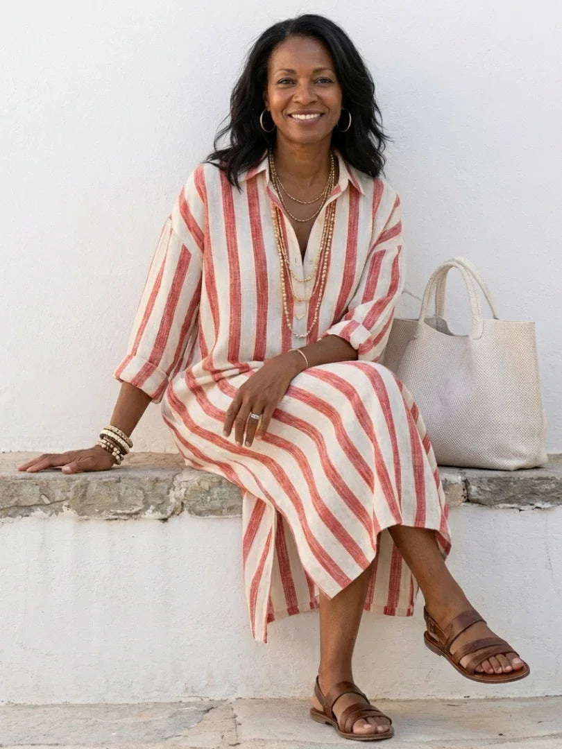 Vestito camicia midi a righe da donna con maniche lunghe