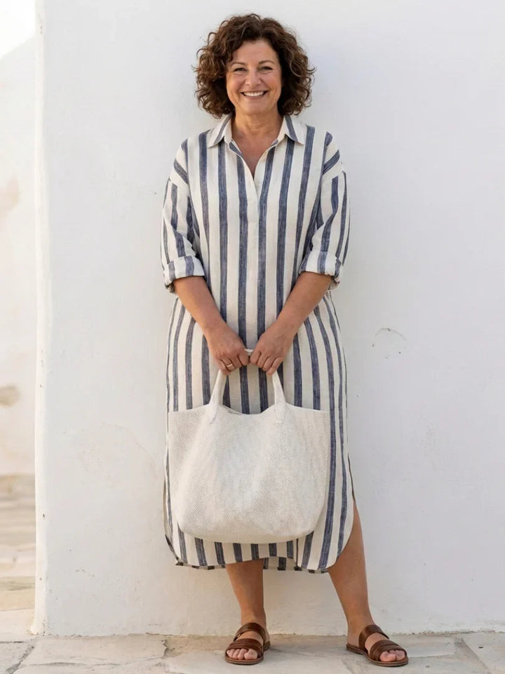 Vestito camicia midi a righe da donna con maniche lunghe