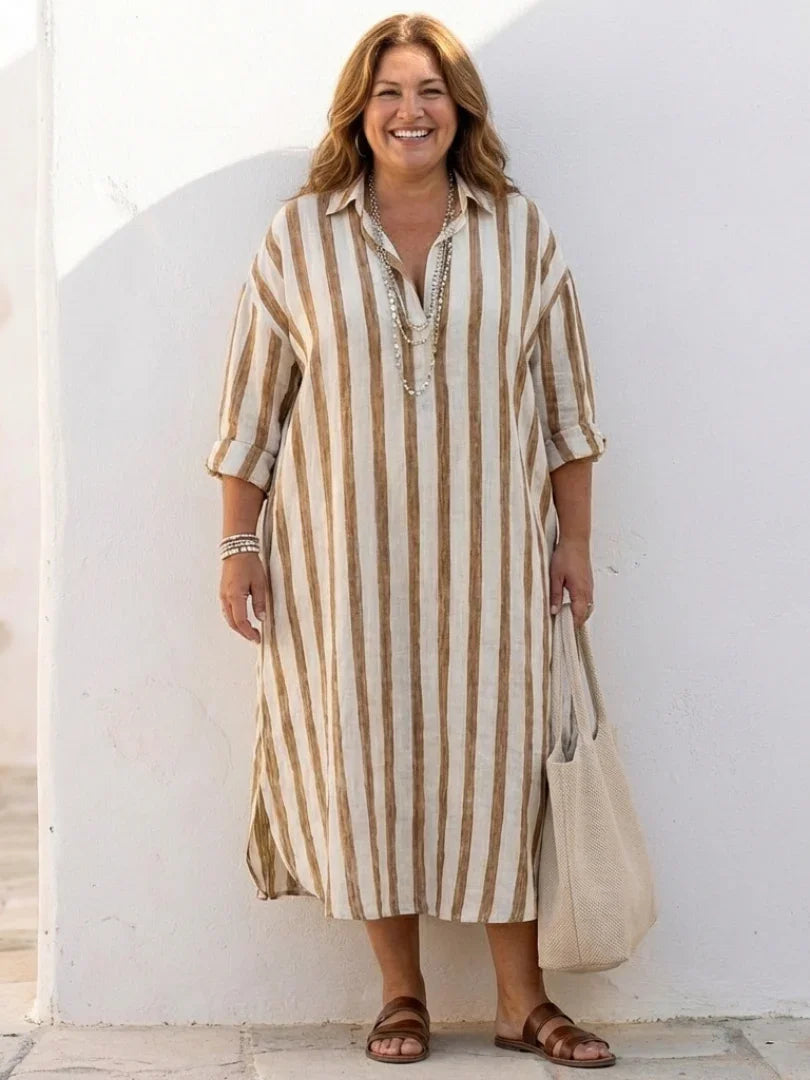 Vestito camicia midi a righe da donna con maniche lunghe