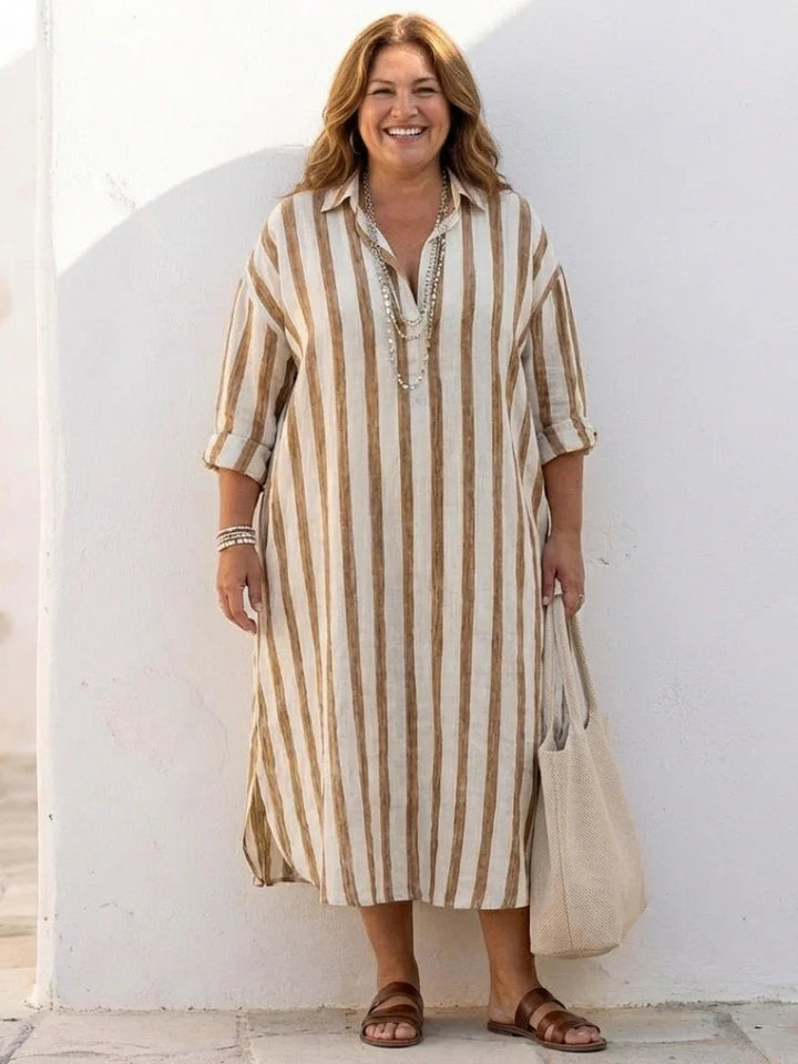 Vestito camicia midi a righe da donna con maniche lunghe