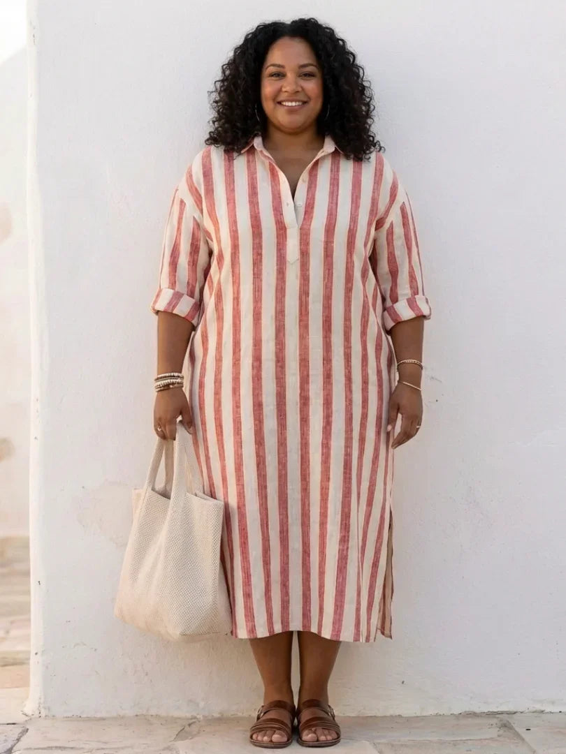 Vestito camicia midi a righe da donna con maniche lunghe