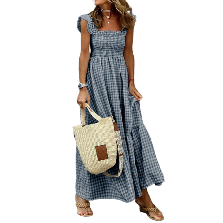Abito lungo da donna a quadretti Vichy con spalline a volant