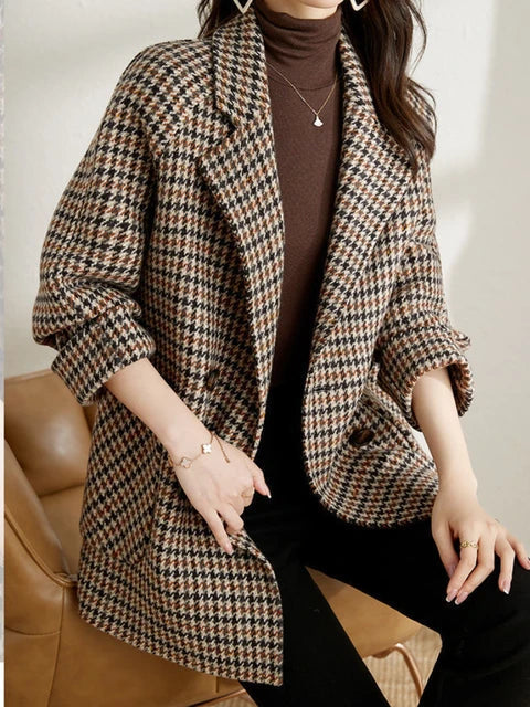 Blazer Long Femme à Motif Pied-de-Poule Oversize