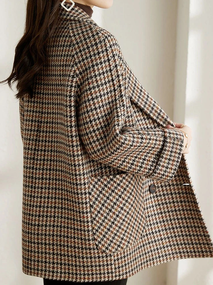 Blazer Long Femme à Motif Pied-de-Poule Oversize