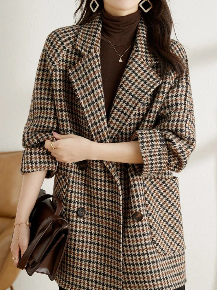 Blazer Long Femme à Motif Pied-de-Poule Oversize