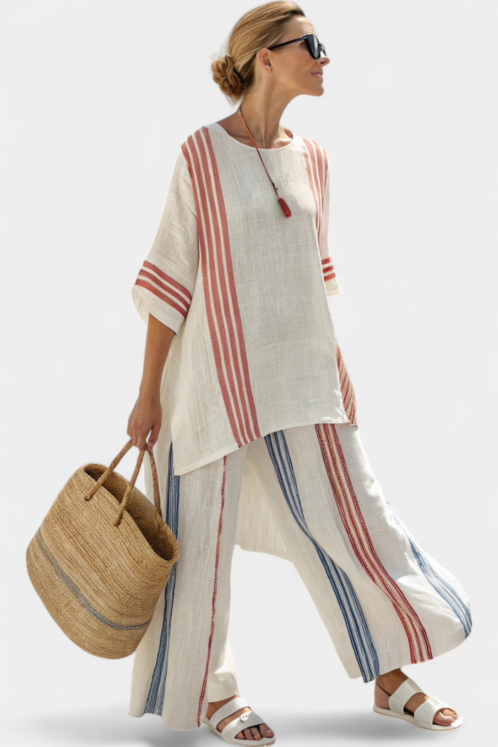 Ensemble Femme Ample Deux Pièces Tenue Bohème Chic à Rayures Contrastées