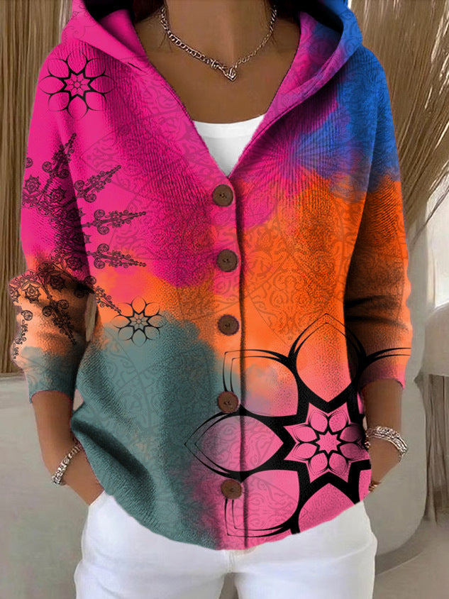 Sweat à Capuche Femme Boutonné à Imprimé Artistique
