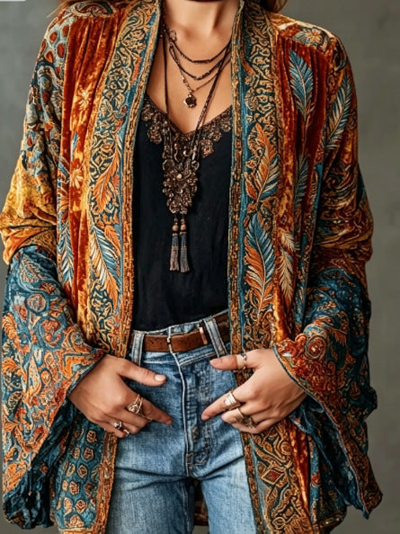 Cardigan da donna bohémien chic con stampa orientale