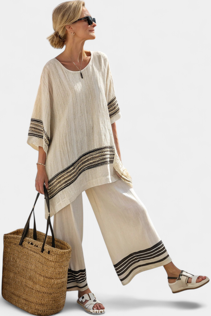 Ensemble Femme Ample Deux Pièces Tenue Bohème Chic à Rayures Contrastées