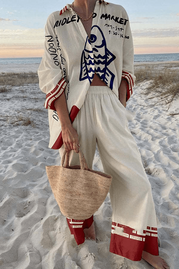 Ensemble Femme 2 Pièces Blanc à Motif Graphique