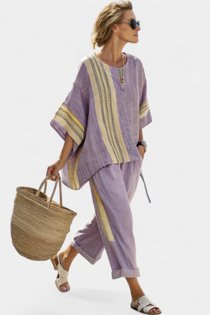 Ensemble Femme Ample Deux Pièces Tenue Bohème Chic à Rayures Contrastées
