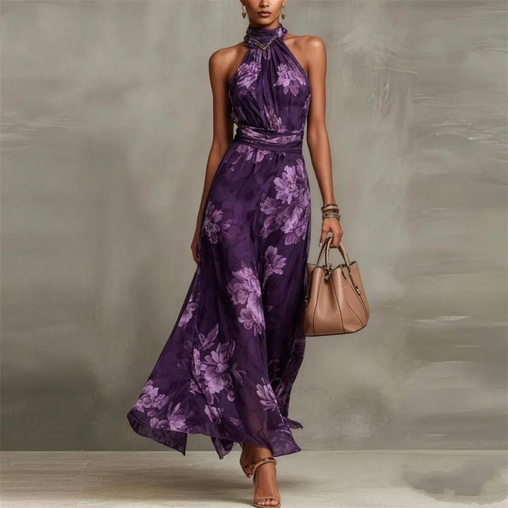 Robe Longue Florale en Mousseline Col Halter Torsadé Femme
