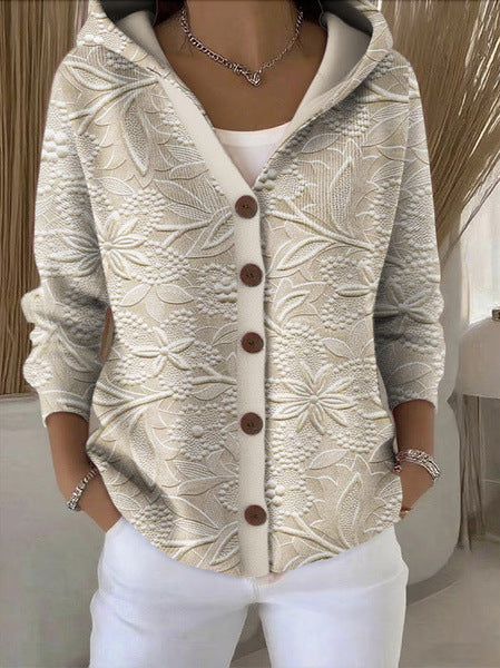 Sweat à Capuche Femme Boutonné à Imprimé Artistique