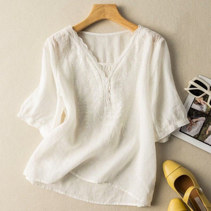 Blusa da donna ricamata con scollo a V e taglio casual
