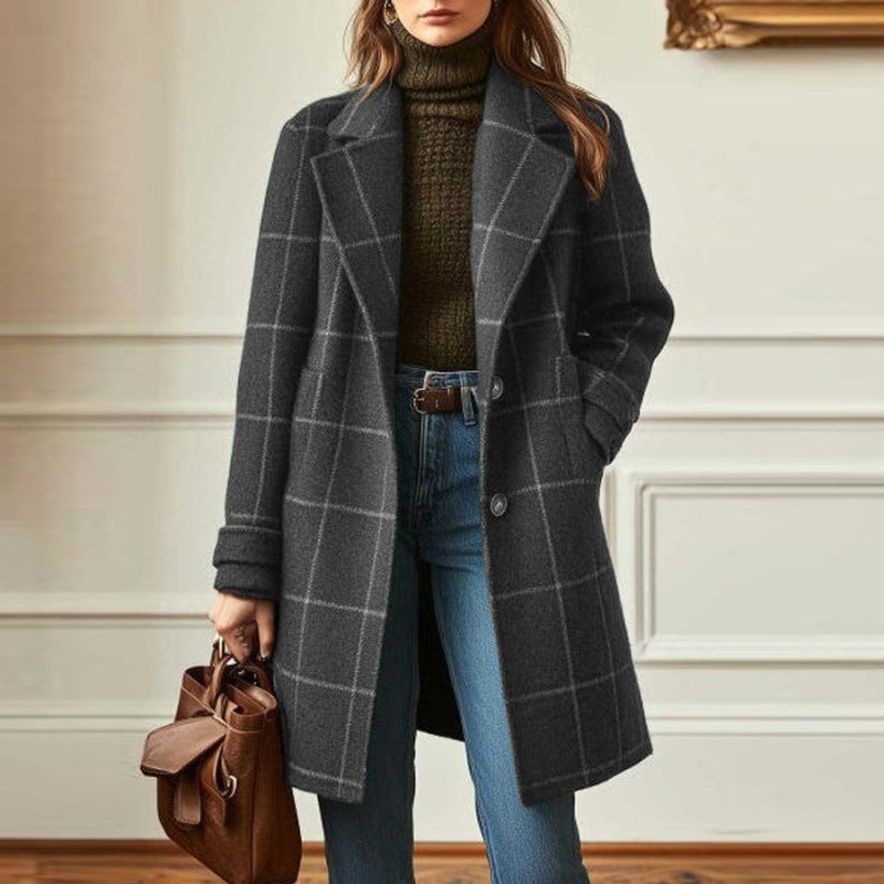 Manteau Long à Tweed Carreaux Élégant Pour Femme