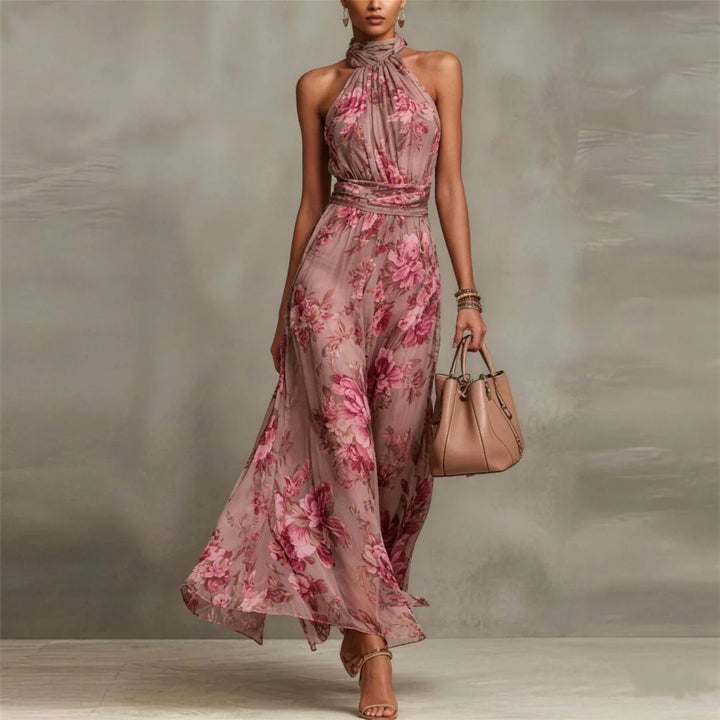 Robe Longue Florale en Mousseline Col Halter Torsadé Femme