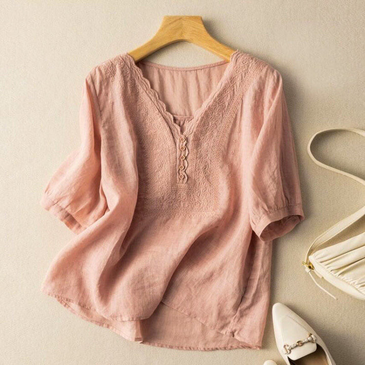 Blusa da donna ricamata con scollo a V e taglio casual