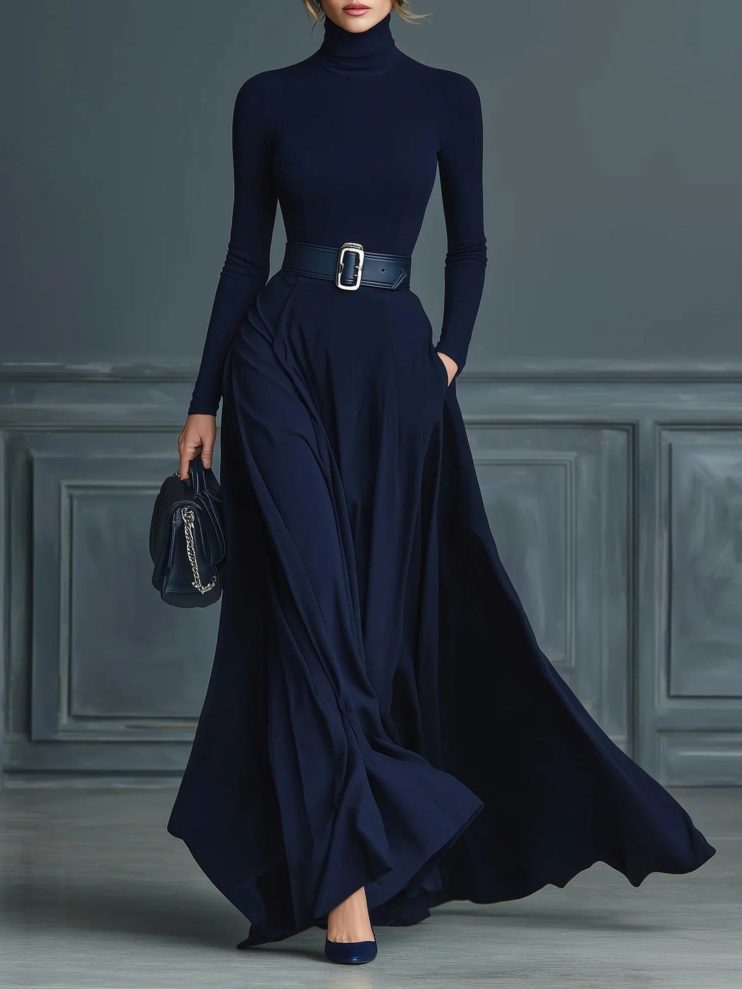 Vestido largo elegante de cuello alto para mujer