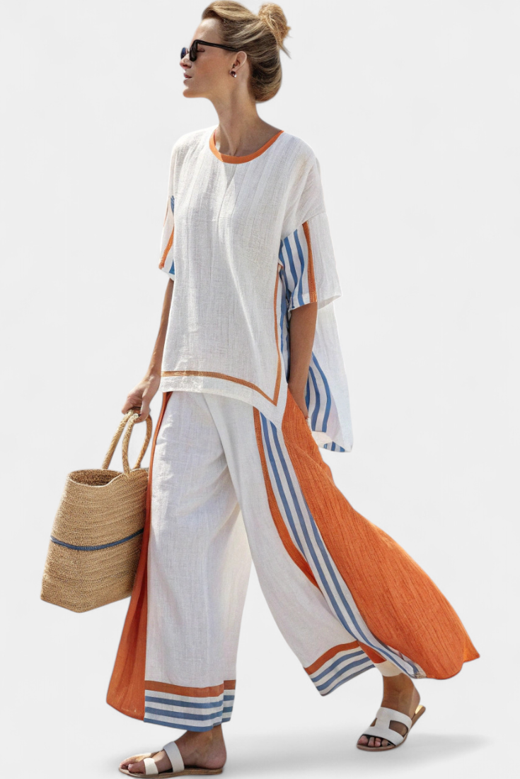 Ensemble Femme Ample Deux Pièces Tenue Bohème Chic à Rayures Contrastées