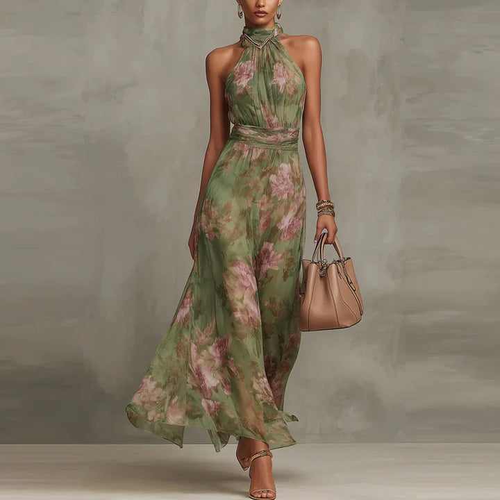 Robe Longue Florale en Mousseline Col Halter Torsadé Femme