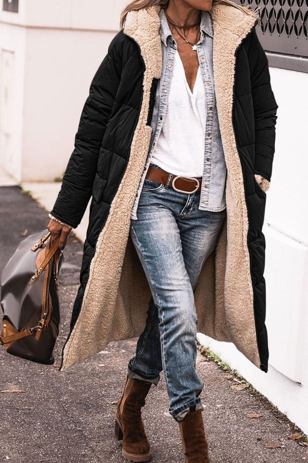 Manteau femme long matelassé à capuche