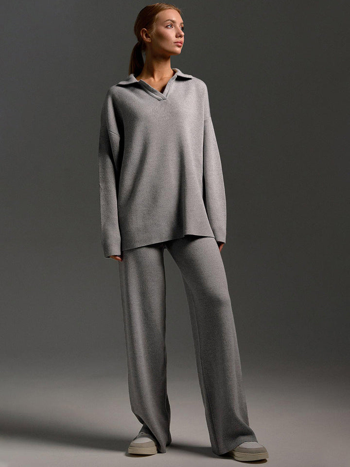 Completo donna con maglione a collo polo e pantaloni larghi