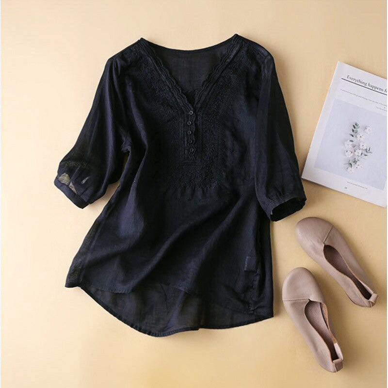 Blusa da donna ricamata con scollo a V e taglio casual