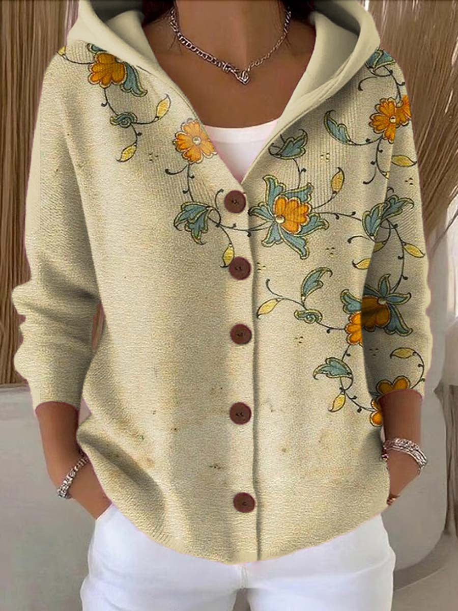 Sweat à Capuche Femme Boutonné à Imprimé Artistique