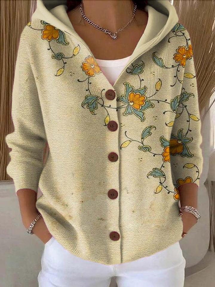 Sweat à Capuche Femme Boutonné à Imprimé Artistique
