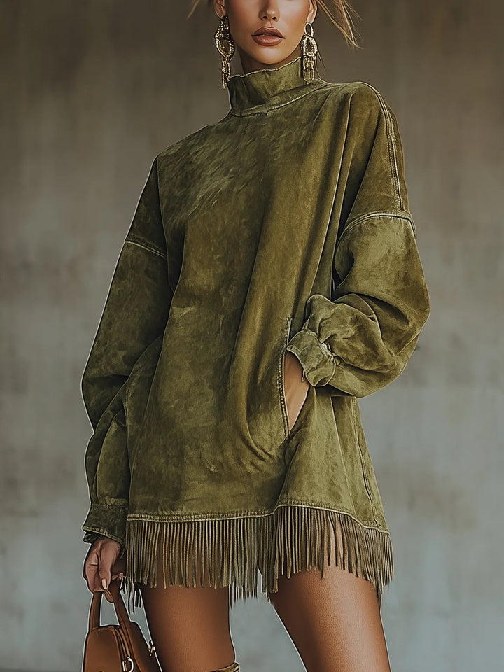 Robe Franges Midi Femme à Col Montant Coupe Fluide