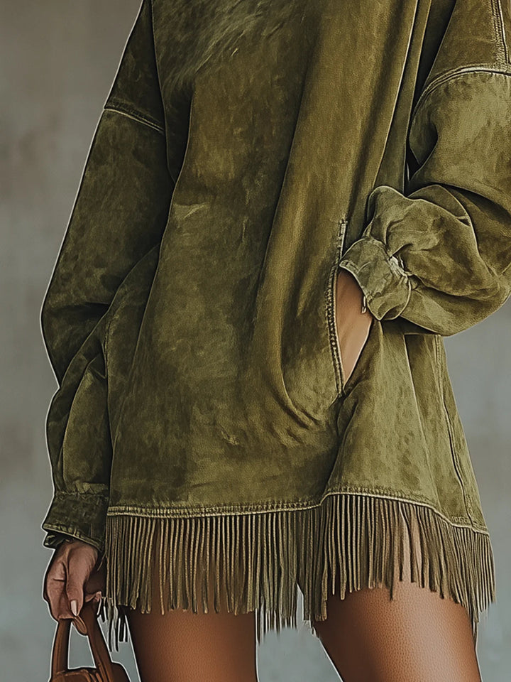 Robe Franges Midi Femme à Col Montant Coupe Fluide