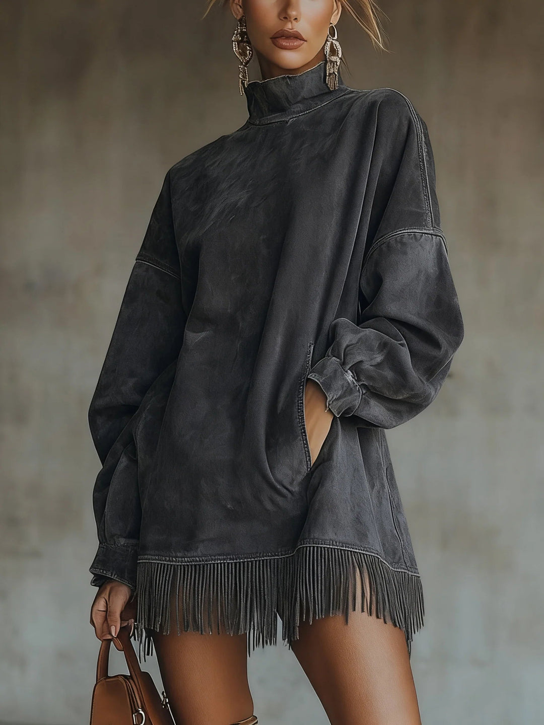 Robe Franges Midi Femme à Col Montant Coupe Fluide