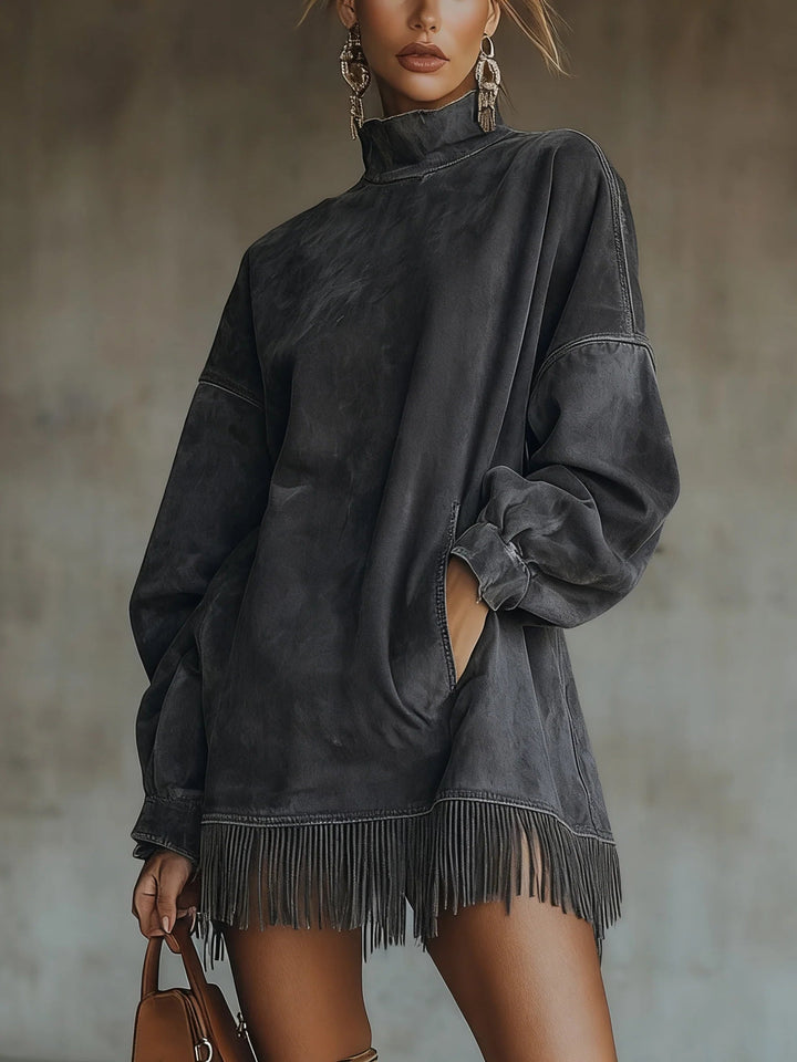 Robe Franges Midi Femme à Col Montant Coupe Fluide