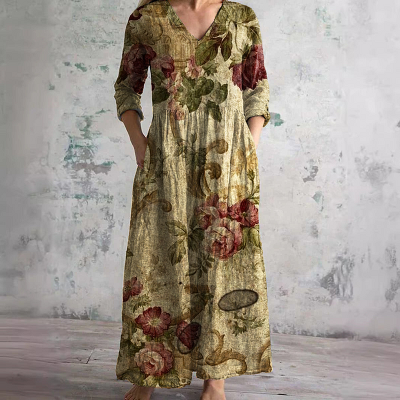 Vintage Floral Long Dress for Women with V-Neck