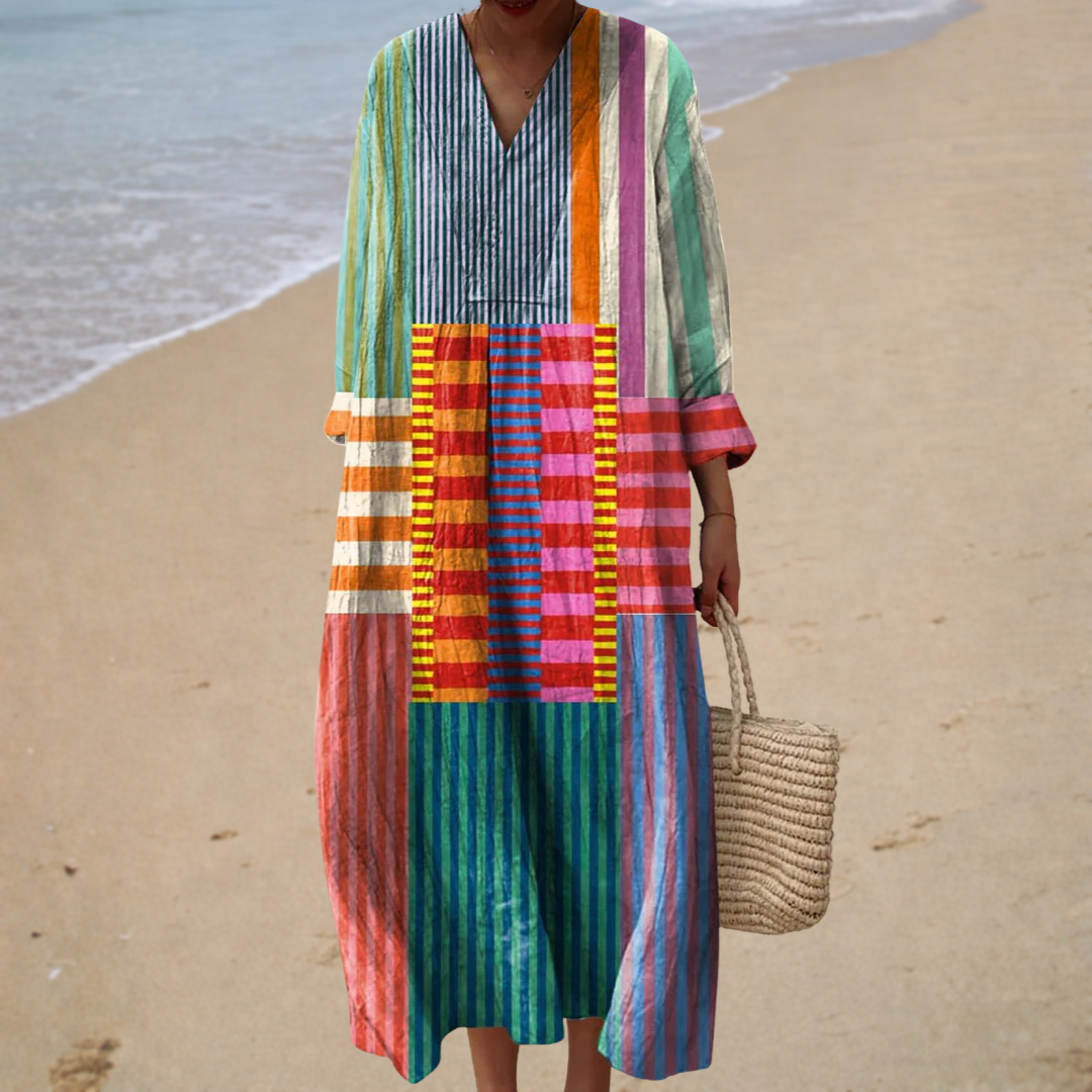 Robe Midi Femme Rayée Multicolore Patchwork