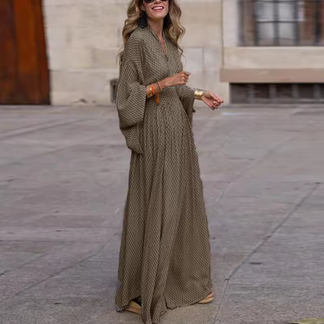Vestido maxi bohemio plisado para mujer con mangas murciélago