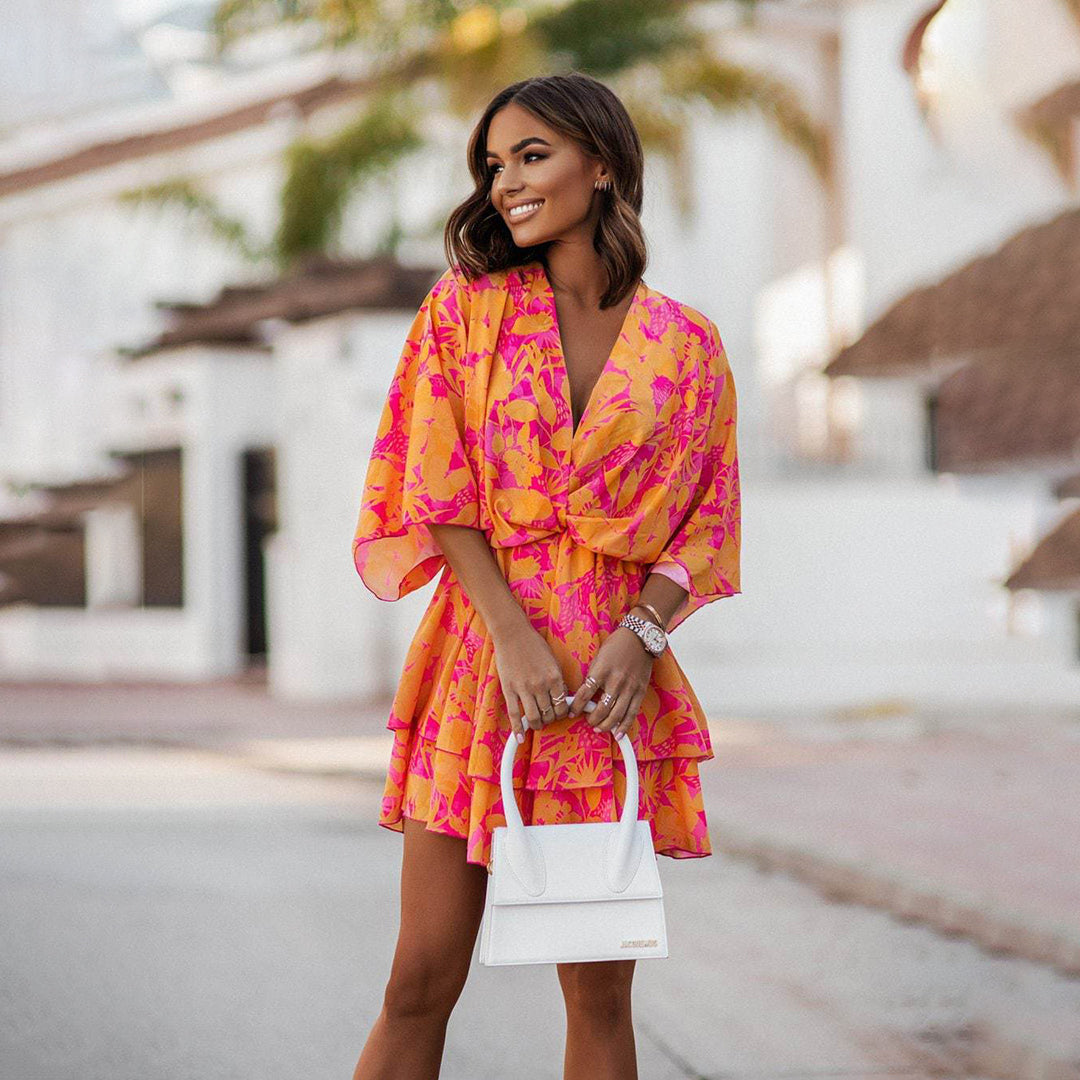 Robe Portefeuille Fleurie Femme Mini Bohème à Manches Amples