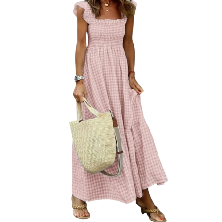Abito lungo da donna a quadretti Vichy con spalline a volant
