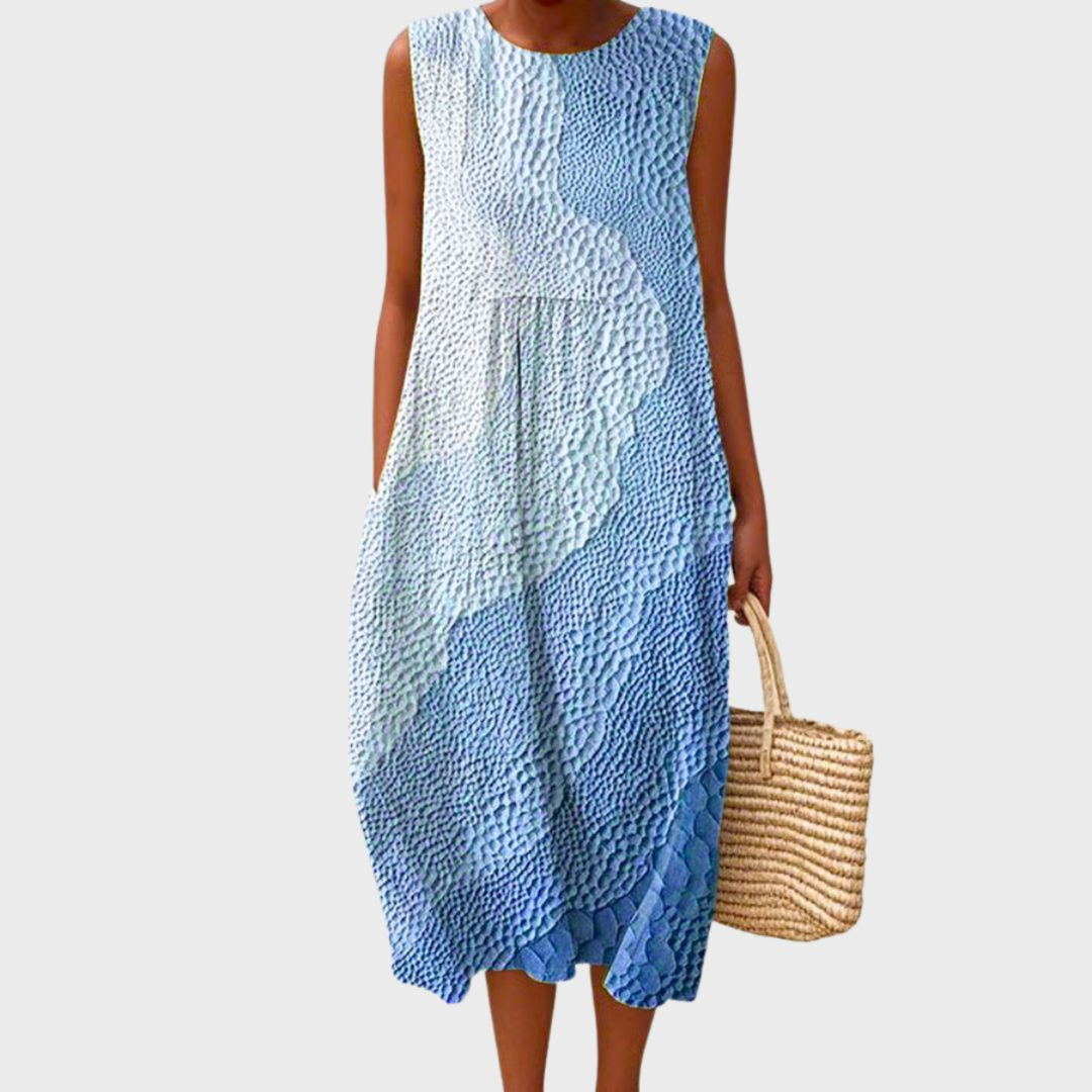 Blue Checked Linen Midi Dress for Women Summer