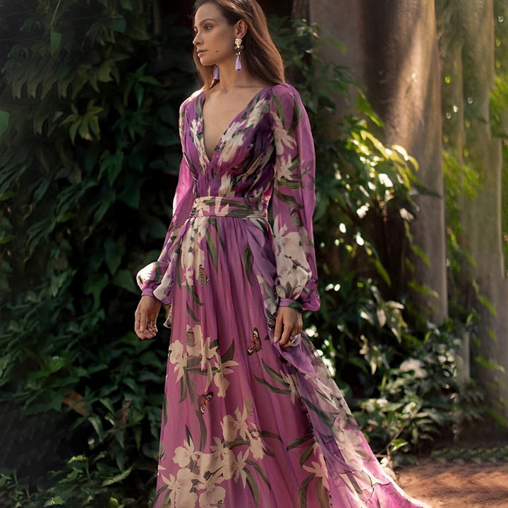Robe Longue Fleurie Femme à Col V Bohème et Fluide