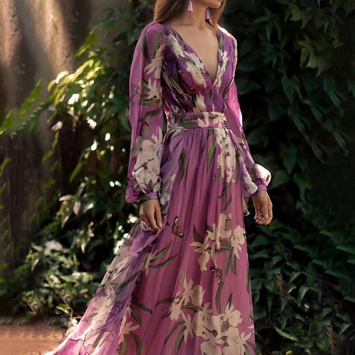 Robe Longue Fleurie Femme à Col V Bohème et Fluide