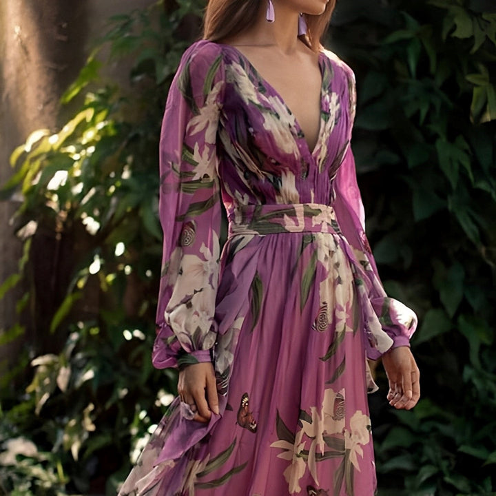 Robe Longue Fleurie Femme à Col V Bohème et Fluide