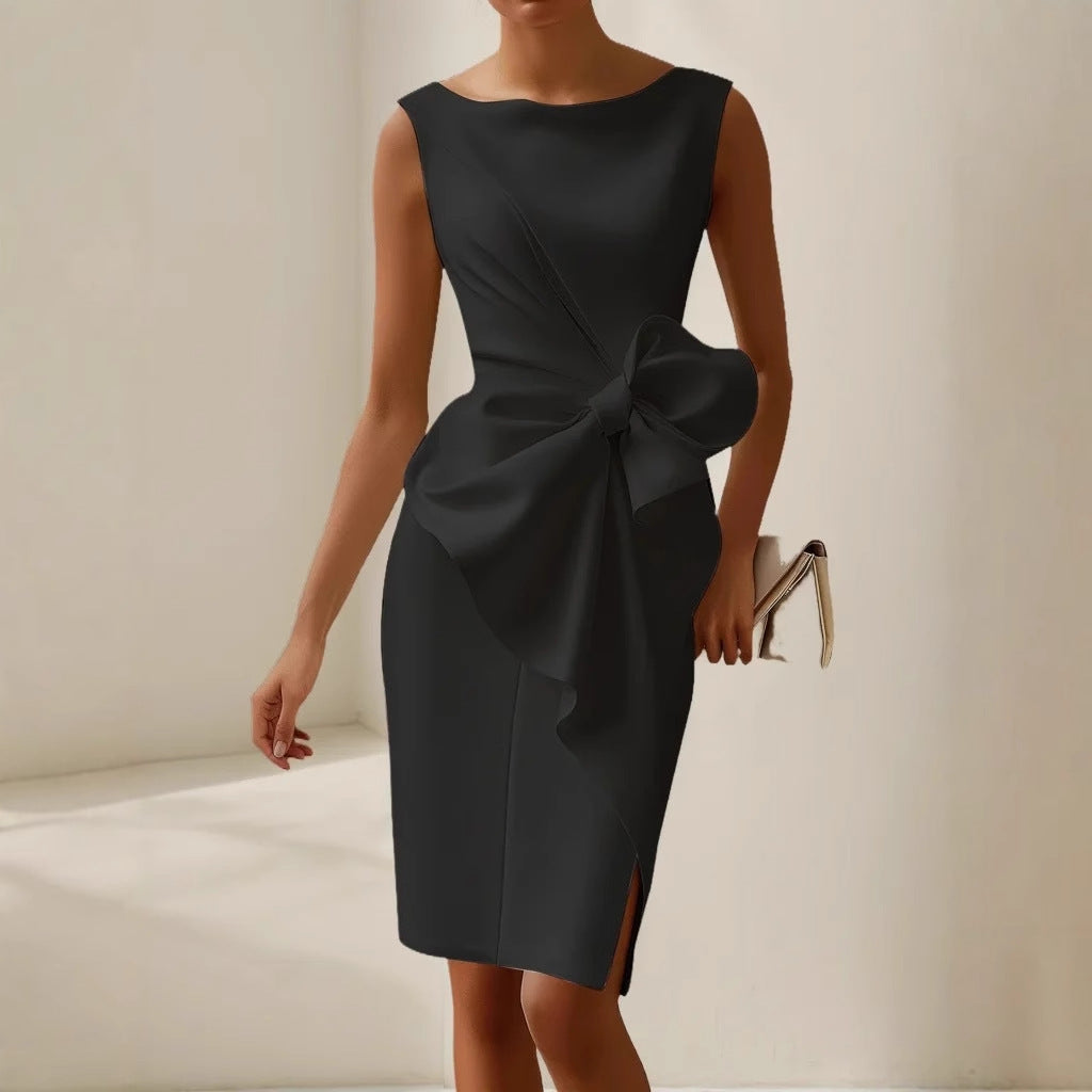 Elegantní midi dámské šaty s mašlí vpředu